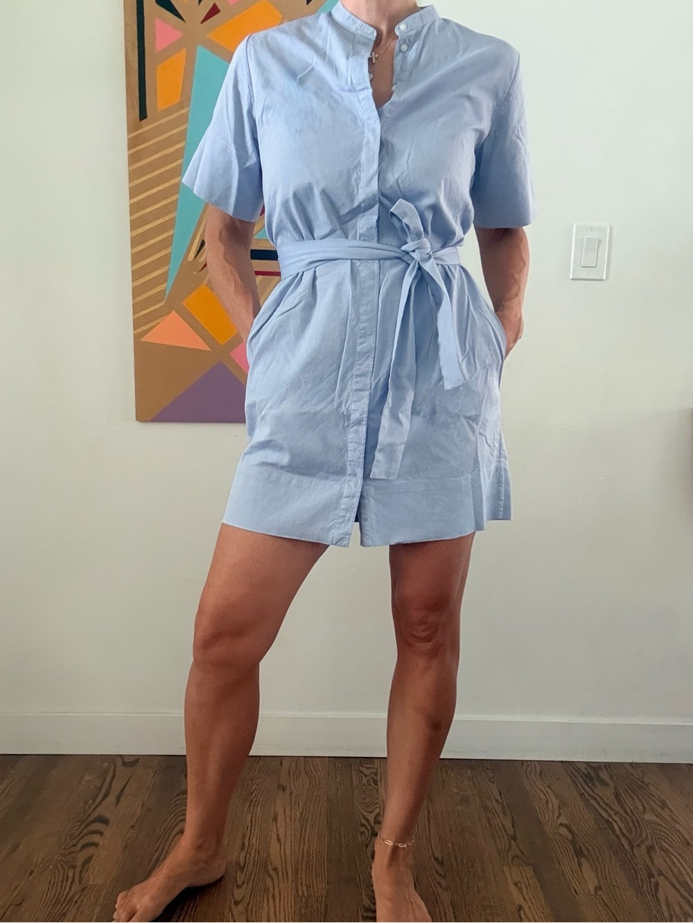 Everlane Light Blue Short Sleeve Shirt Dress with Waist Tie